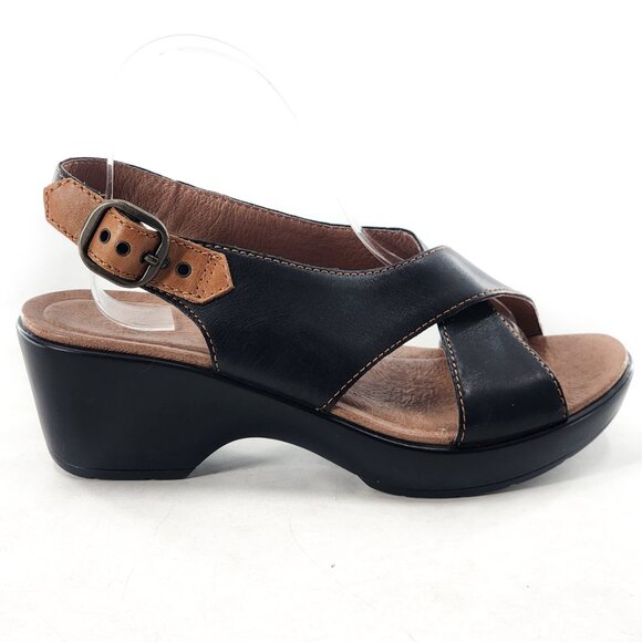DANSKO Jacinda Black Leather Criss Cross Slingback Wedge Sandals - Picture 5 of 10